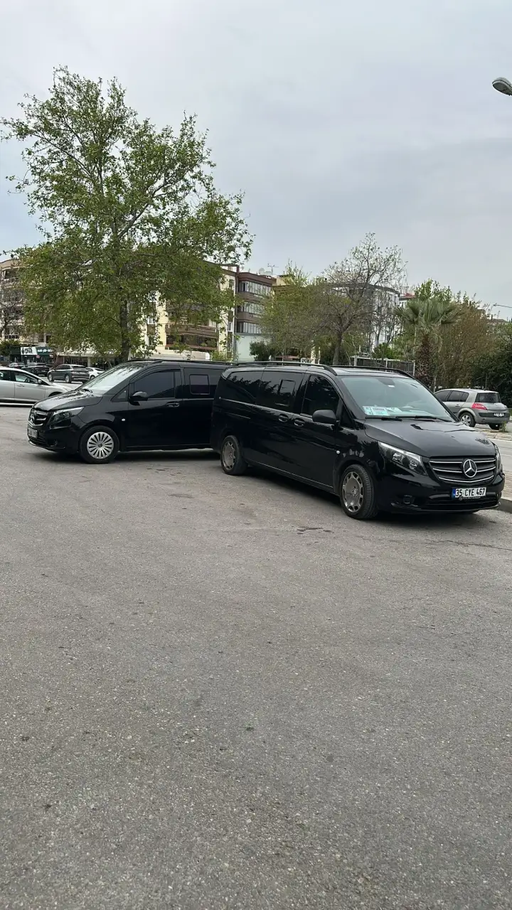 Ağaçlarla çevrili açık otoparkta siyah Mercedes Vito