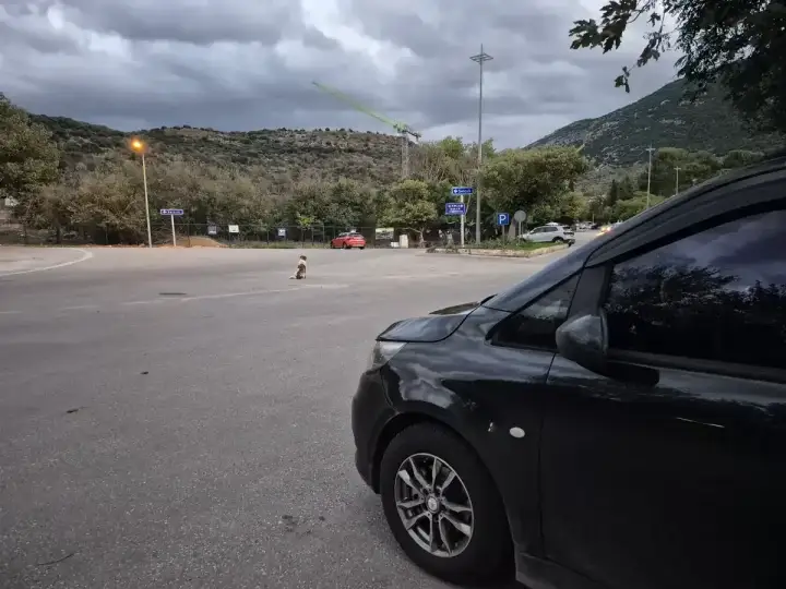 Dağlık manzara önünde park edilmiş siyah Mercedes Vito